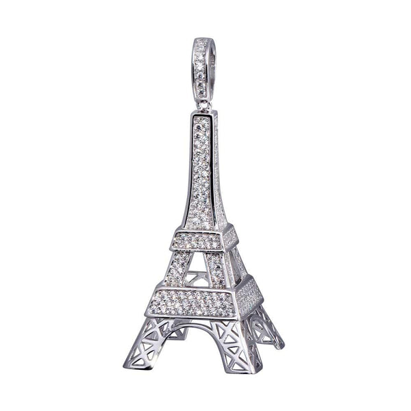 Rhodium Plated 925 Sterling Silver CZ Eiffel Tower Hip Hop Pendant - SLP00053 | Silver Palace Inc.