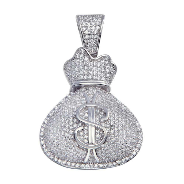Rhodium Plated 925 Sterling Silver CZ Money Bag Hip Hop Pendant - SLP00066. | Silver Palace Inc.