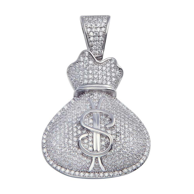 Rhodium Plated 925 Sterling Silver CZ Money Bag Hip Hop Pendant - SLP00066. | Silver Palace Inc.