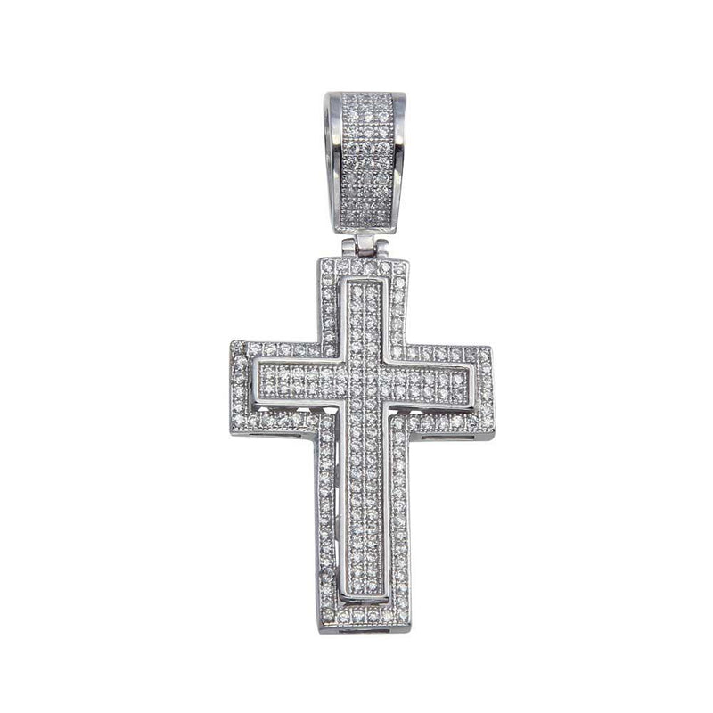 Rhodium Plated 925 Sterling Silver CZ Cross Bordered Hip Hop Pendant - SLP00075 | Silver Palace Inc.