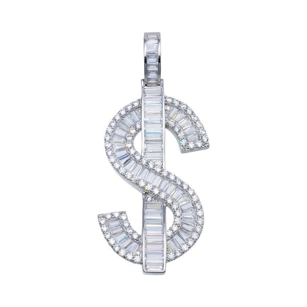Rhodium Plated 925 Sterling Silver Dollar Sign Baguette CZ Hip Hop Pendant - SLP00092 | Silver Palace Inc.