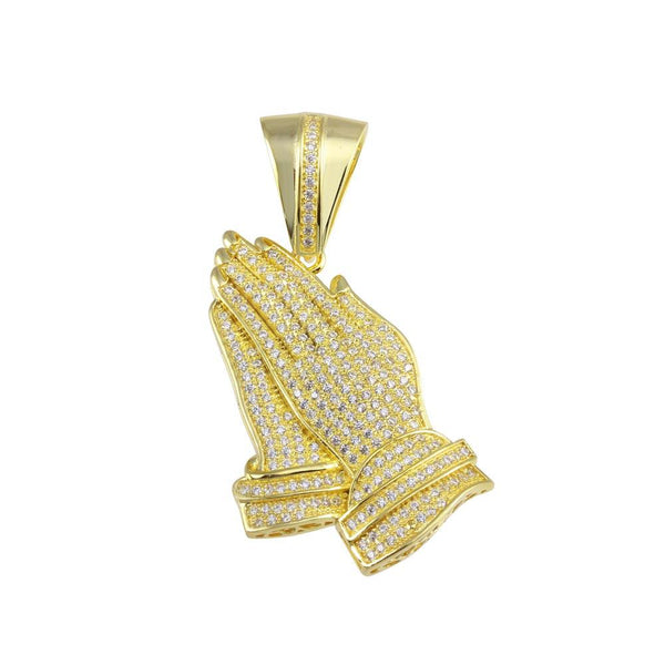Silver 925 Gold Plated Praying Hand CZ Hip Hop Pendant - SLP00152GP | Silver Palace Inc.