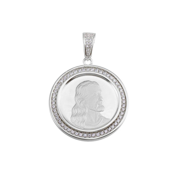 Rhodium Plated 925 Sterling Silver CZ Jesus Medallion Hip Hop Pendant - SLP00153RH | Silver Palace Inc.