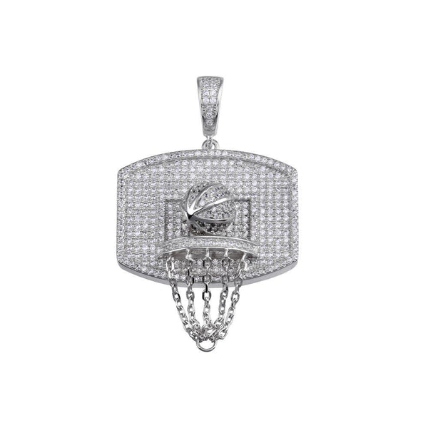 Rhodium Plated 925 Sterling Silver CZ Basketball Hoop Hip Hop Pendant - SLP00155RH | Silver Palace Inc.