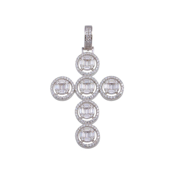 Rhodium Plated 925 Sterling Silver CZ Round Cross Hip Hop Pendant - SLP00157 | Silver Palace Inc.