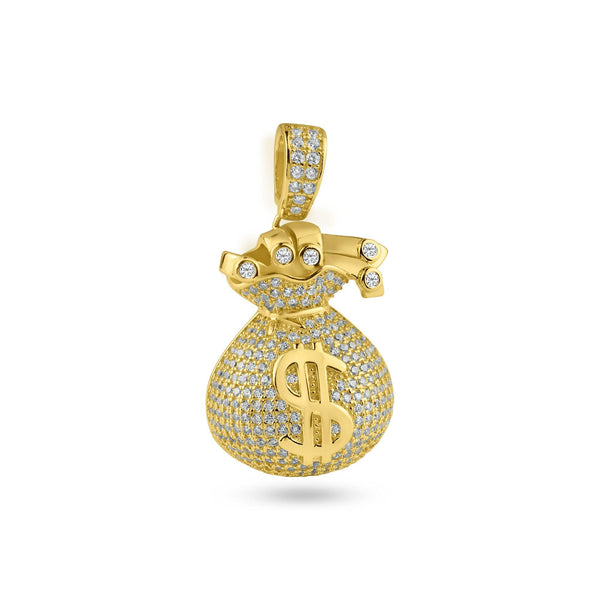 Silver 925 Gold Plated CZ Money Bag Hip Hop Pendant - SLP00203GP | Silver Palace Inc.