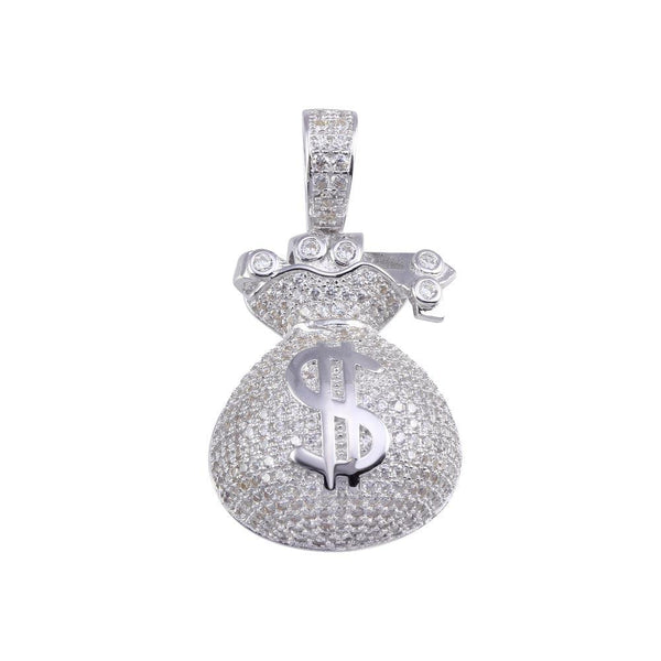 Rhodium Plated 925 Sterling Silver CZ Money Bag Hip Hop Pendant - SLP00203RH | Silver Palace Inc.