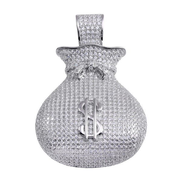 Rhodium Plated 925 Sterling Silver CZ Money Bag Hip Hop Pendant - SLP00204RH | Silver Palace Inc.