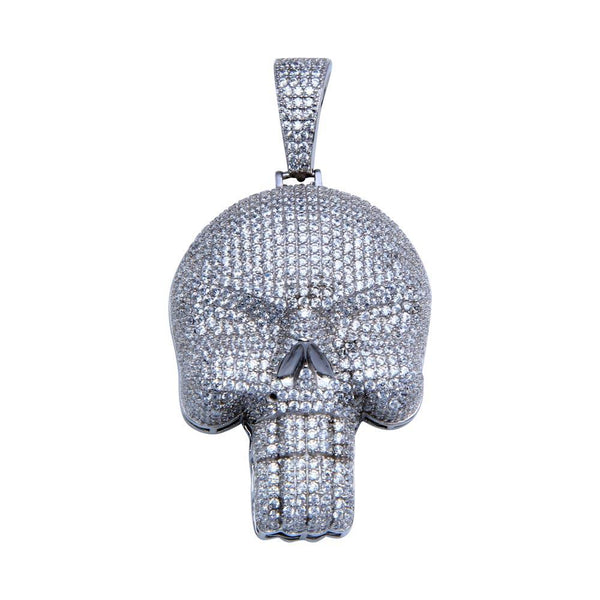Rhodium Plated 925 Sterling Silver CZ Encrusted Skull Hip Hop Pendant - SLP00252 | Silver Palace Inc.