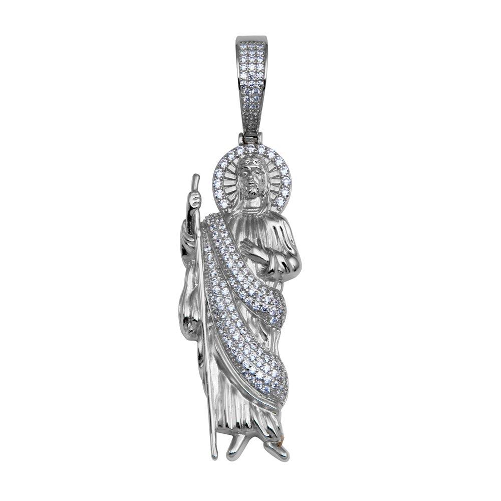 Rhodium Plated 925 Sterling Silver CZ  St Jude Hip Hop Pendant - SLP00278RH | Silver Palace Inc.