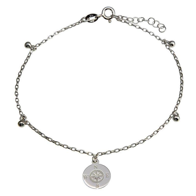 Silver 925 Rhodium Plated Compass Disc with Dangling Beads Anklet - SOA00024 | Silver Palace Inc.