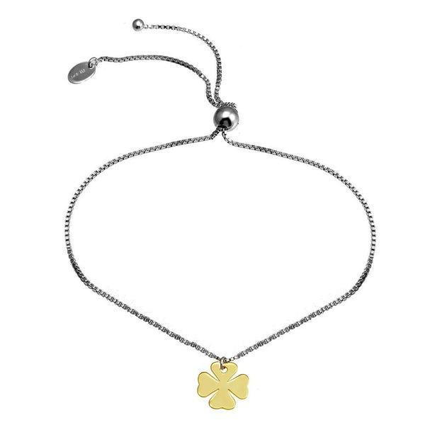 Silver 925 Rhodium Plated Lariat Bracelet with Gold Plated Clover Charm - SOB00003 | Silver Palace Inc.