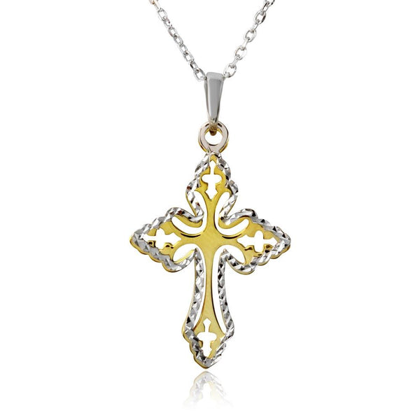 Silver 925 Gold and Rhodium Plated Double Cross Necklace - SOP00003 | Silver Palace Inc.
