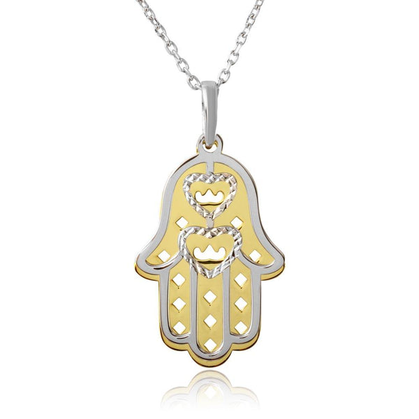 Silver 925 Gold and Rhodium Plated Hamsa with Open Hearts Necklace - SOP00006 | Silver Palace Inc.