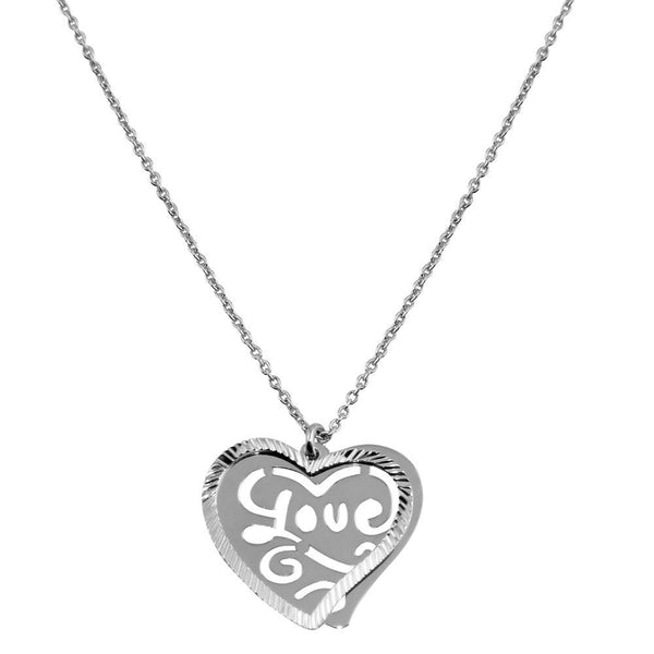 Silver 925 Rhodium Plated Double Flat Heart Pendant with "Love" Design - SOP00019 | Silver Palace Inc.