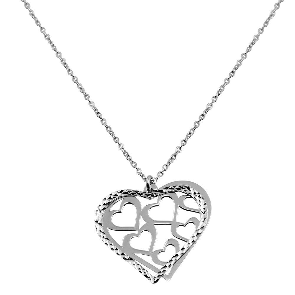 Silver 925 Rhodium Plated Double Flat Open Heart Pendant with Multiple ...