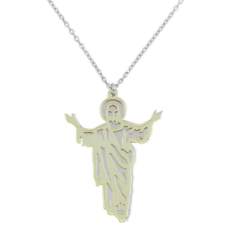 Silver 925 Two Tone Gold and Rhodium Plated Jesus Pendant Necklace - SOP00048 | Silver Palace Inc.