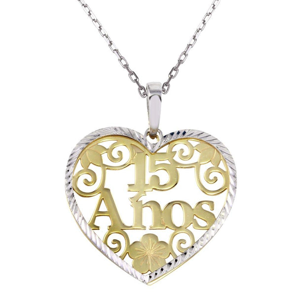 Silver 925 Two-Toned 15 Anos Heart Pendant Necklace - SOP00073 | Silver Palace Inc.