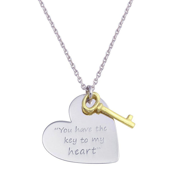 Silver 925 Rhodium Plated Heart with Gold Key Necklace - SOP00110 | Silver Palace Inc.