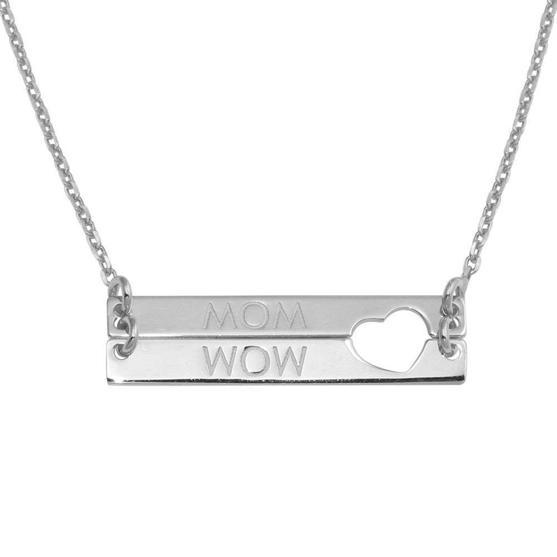 Silver 925 Rhodium Plated Bar Open Heart MOM Necklace - SOP00115 | Silver Palace Inc.