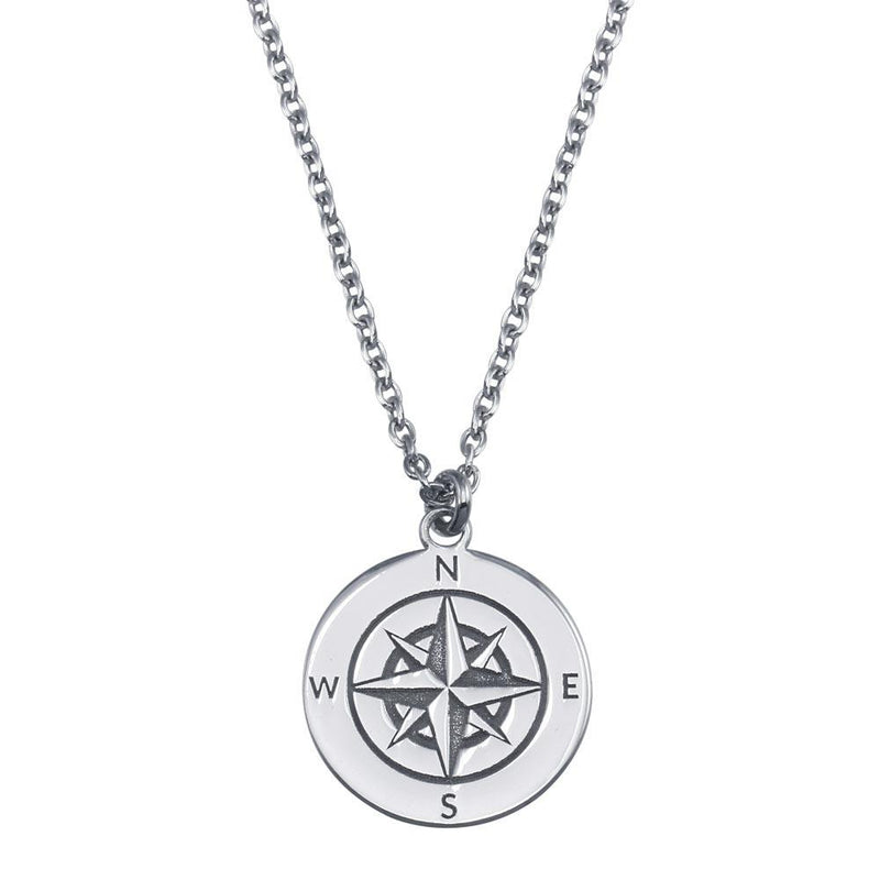 Silver 925 Rhodium Plated Compass Engraved Disc Pendant Necklace - SOP00151 | Silver Palace Inc.
