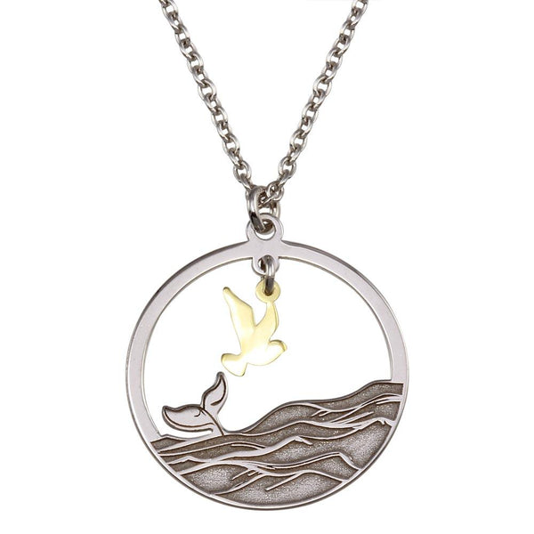 Silver 925 Two Toned Whale Tail and Bird Pendant Necklace - SOP00157 | Silver Palace Inc.