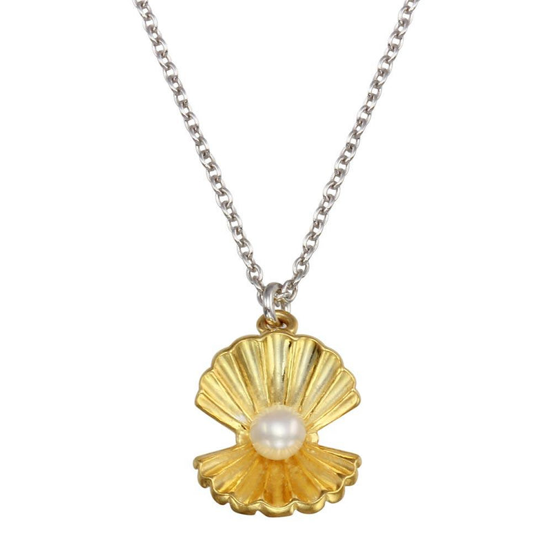 Silver 925 Two Toned Clam and Synthetic Pearl Pendant Necklace - SOP00158 | Silver Palace Inc.
