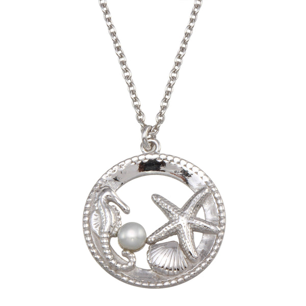 Silver 925 Rhodium Plated Seahorse, Starfish, Clam, and Pearl Pendant Necklace - SOP00159 | Silver Palace Inc.