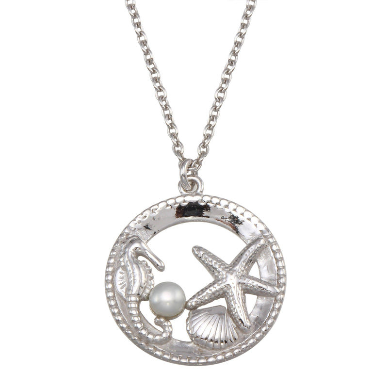 Rhodium Plated 925 Sterling Silver Seahorse, Starfish, Clam, and Pearl Pendant Necklace - SOP00159 | Silver Palace Inc.