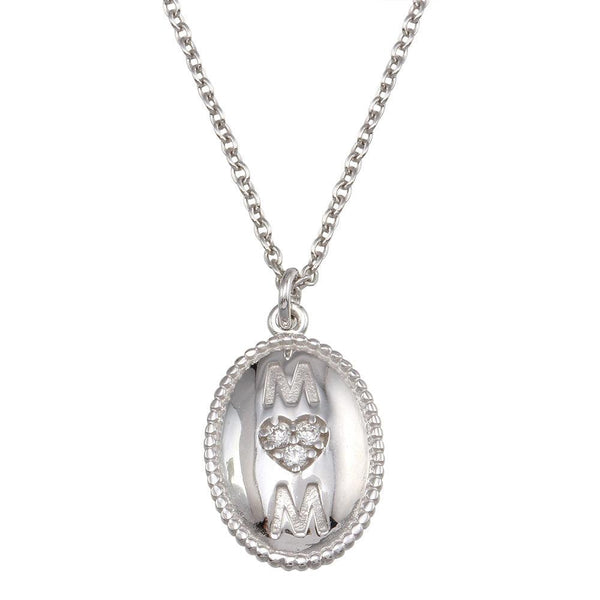 Silver 925 Rhodium Plated Oval Mom Heart CZ Pendant Necklace - SOP00167 | Silver Palace Inc.