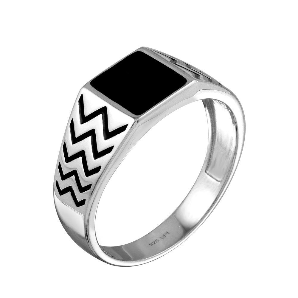 Rhodium Plated 925 Sterling Silver Black Enamel Zig Zag Design Shank Ring - SOR00004
