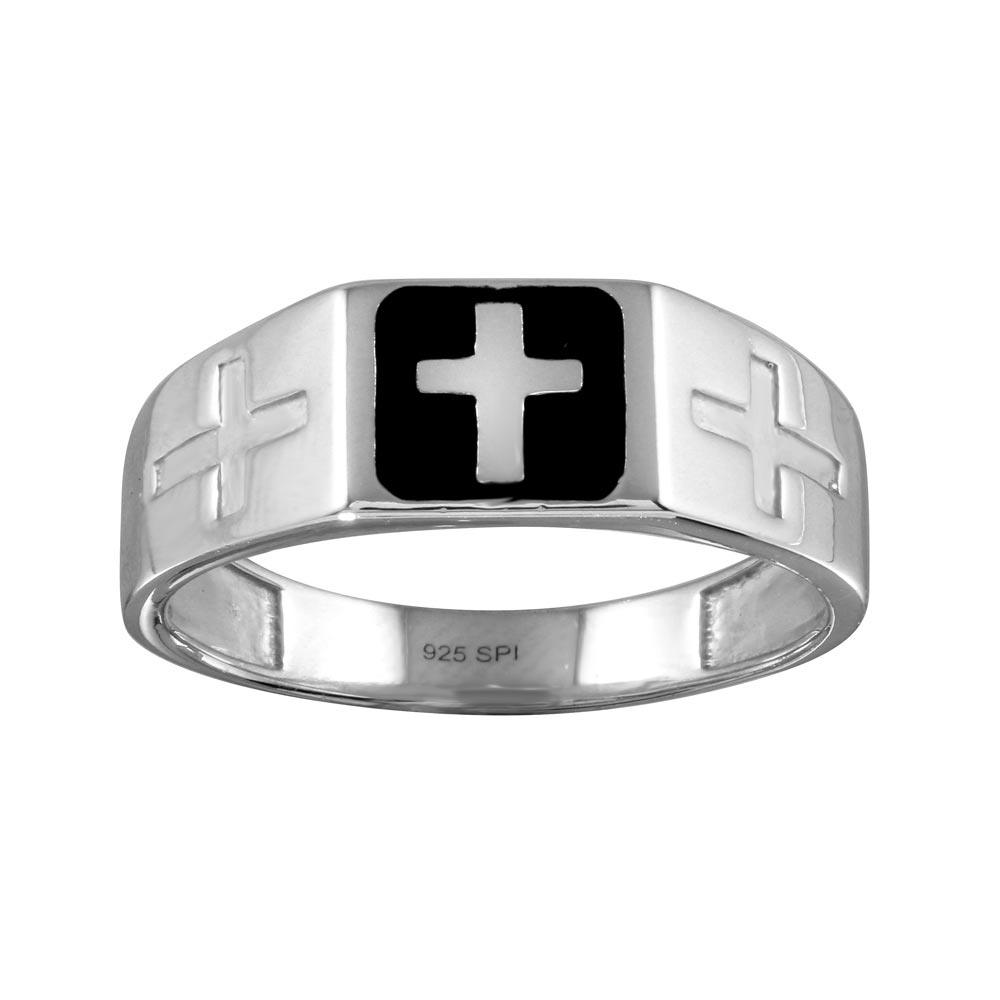 Silver 925 Rhodium Plated Black Enamel Cross Ring - SOR00006 | Silver Palace Inc.