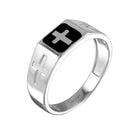 Rhodium Plated 925 Sterling Silver Black Enamel Cross Ring - SOR00006