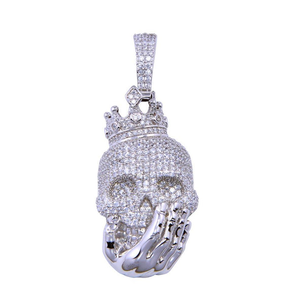 Rhodium Plated 925 Sterling Silver CZ Skull with Hand Pendant - SLP00296 | Silver Palace Inc.