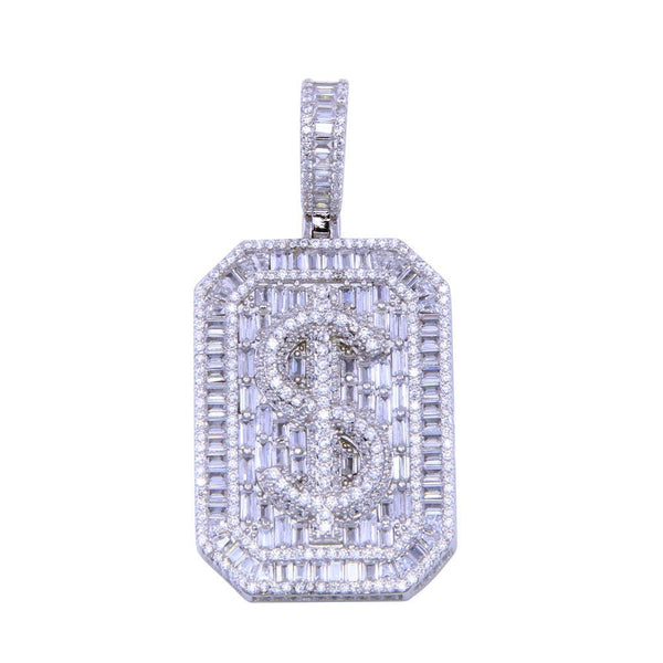 Rhodium Plated 925 Sterling Silver CZ Dollar Sign Tag Pendant - SLP00300 | Silver Palace Inc.