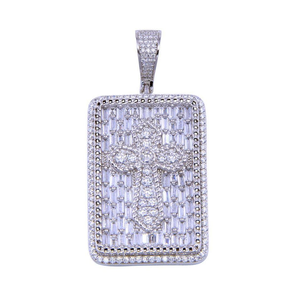 Rhodium Plated 925 Sterling Silver CZ Cross Tag Pendant - SLP00304 | Silver Palace Inc.