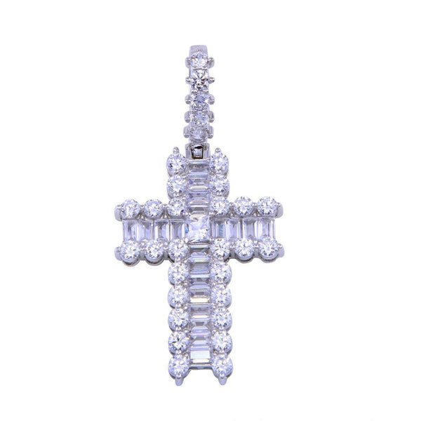 Rhodium Plated 925 Sterling Silver CZ Bordered Baguette Cross Pendant - SLP00306 | Silver Palace Inc.