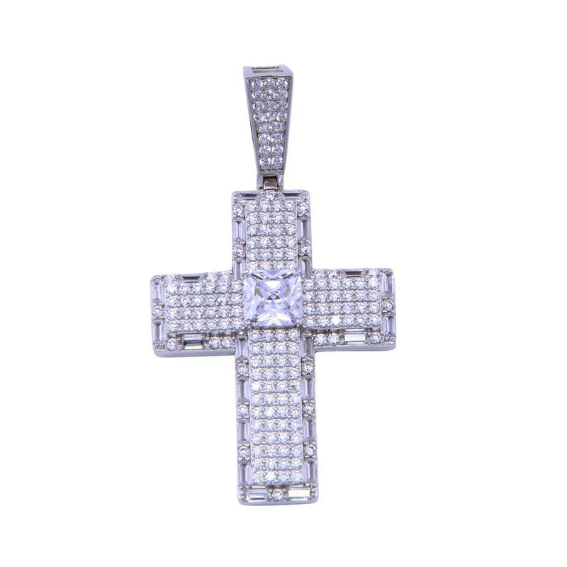 Rhodium Plated 925 Sterling Silver CZ Cross Square Center Stone Pendant - SLP00307 | Silver Palace Inc.