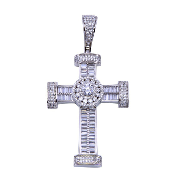 Rhodium Plated 925 Sterling Silver CZ Disc Center Cross Pendant - SLP00309 | Silver Palace Inc.