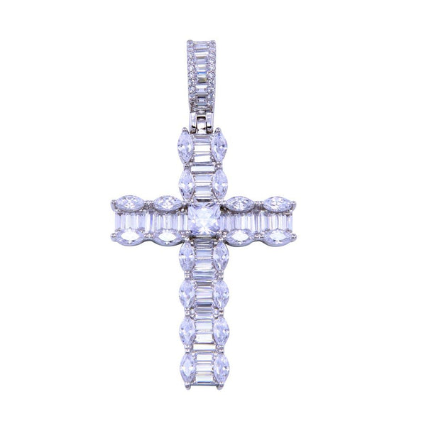 Rhodium Plated 925 Sterling Silver CZ Baguette Cross Pendant - SLP00310 | Silver Palace Inc.