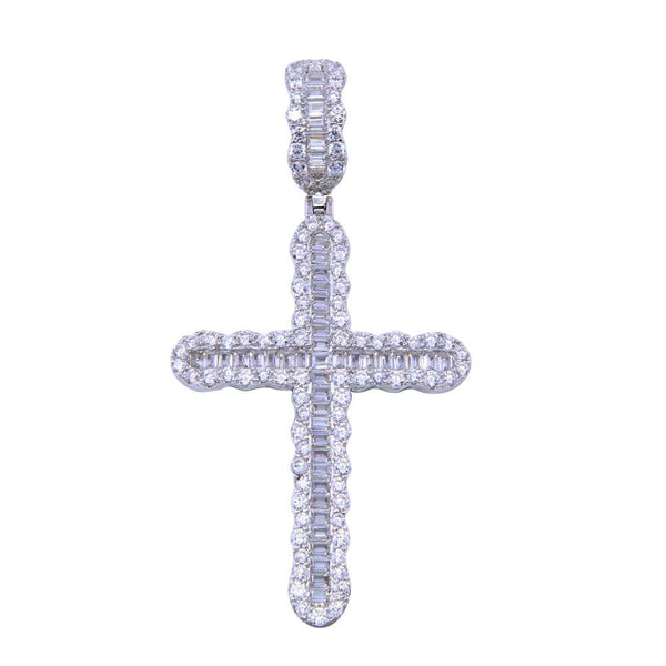 Rhodium Plated 925 Sterling Silver CZ Bordered Cross Pendant - SLP00324 | Silver Palace Inc.