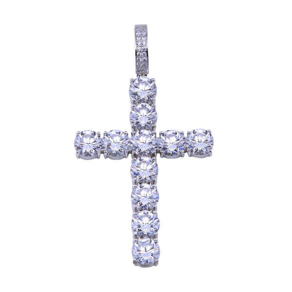 Rhodium Plated 925 Sterling Silver CZ Large Bubble Cross Pendant - SLP00327 | Silver Palace Inc.