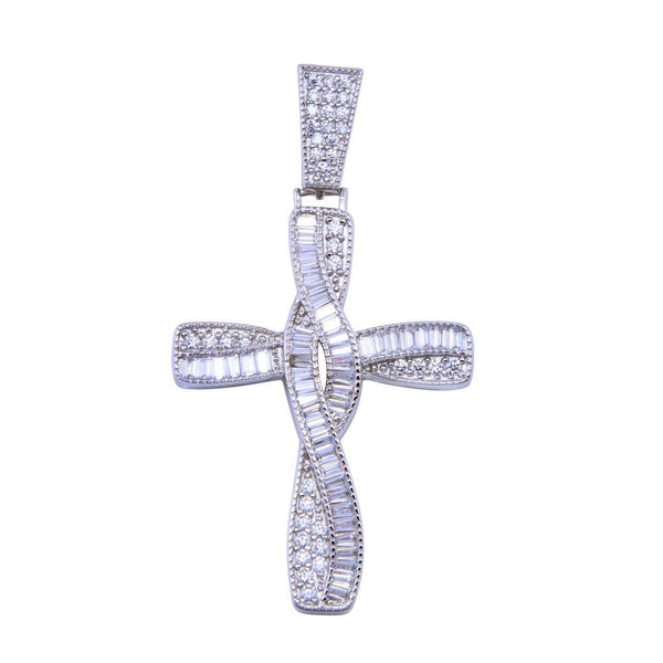 Rhodium Plated 925 Sterling Silver CZ Wave Cross Pendant - SLP00328 | Silver Palace Inc.