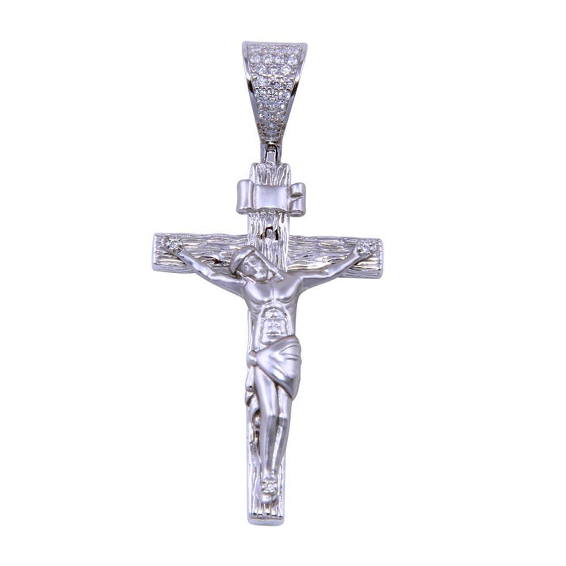Rhodium Plated 925 Sterling Silver CZ Small Wooden Crucifix Pendant - SLP00330 | Silver Palace Inc.
