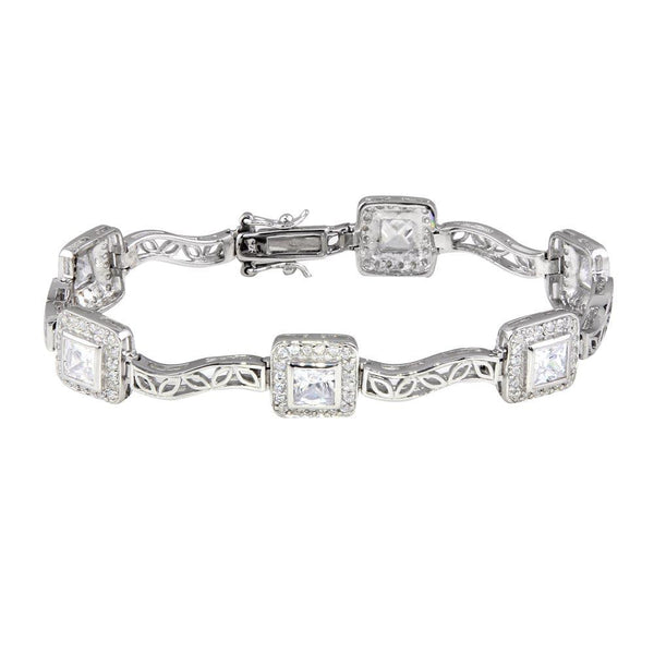 Silver 925 Rhodium Plated Clear Round and Square CZ Bracelet - STB00033 | Silver Palace Inc.