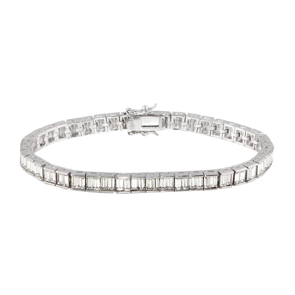 Silver 925 Rhodium Plated 6mm Clear Baguette CZ Tennis Bracelet