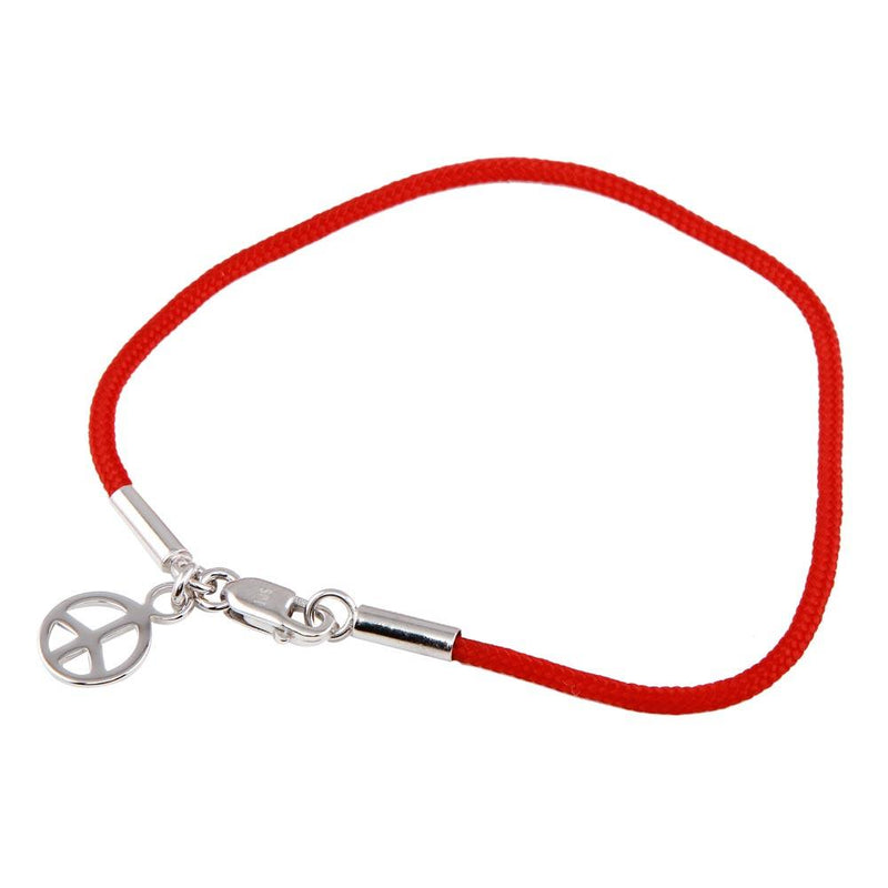 Silver 925 Rhodium Plated Peace Sign Red Cord Bracelet - STB00337 | Silver Palace Inc.