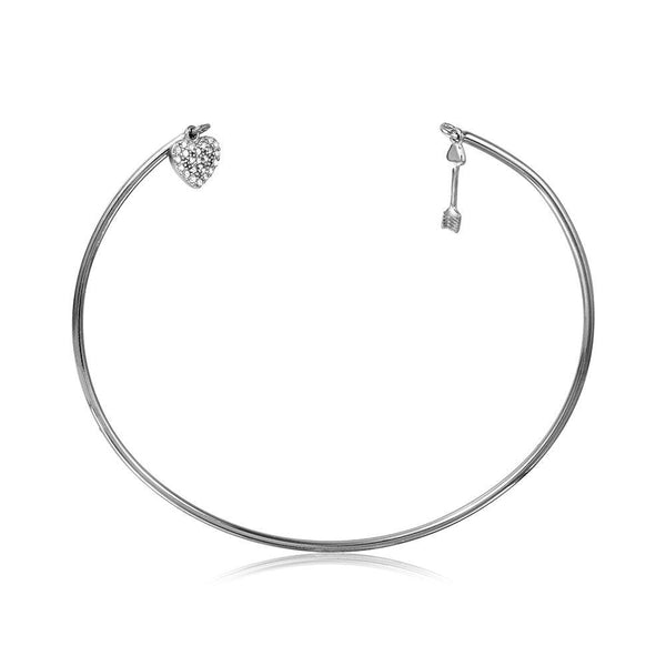 Silver 925 Rhodium Plated Open Bangle with Hanging CZ Heart and Arrow - STB00524 | Silver Palace Inc.