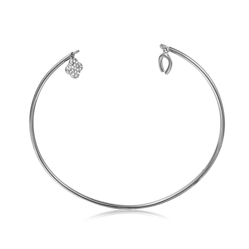 Silver 925 Rhodium Plated Open Bangle with Hanging CZ Clover and Horse Shoe - STB00526 | Silver Palace Inc.