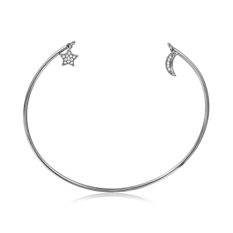 Silver 925 Rhodium Plated Open Bangle with Hanging CZ Star and Crescent - STB00527 | Silver Palace Inc.